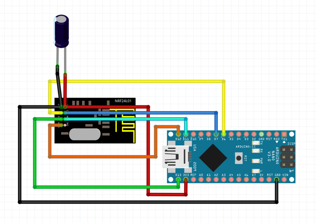 Anschlussbild nRF24L01 an Arduino Nano mit Elko